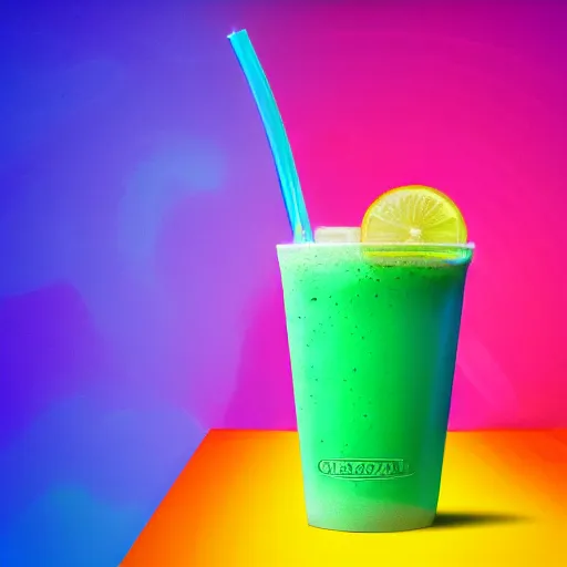 Image similar to cherry limeade smoothie in a big gulp cup, intricate complexity, neon rainbow drip paint, trending on art station, photoreal, surrealist neon drip, 8 k, octane render