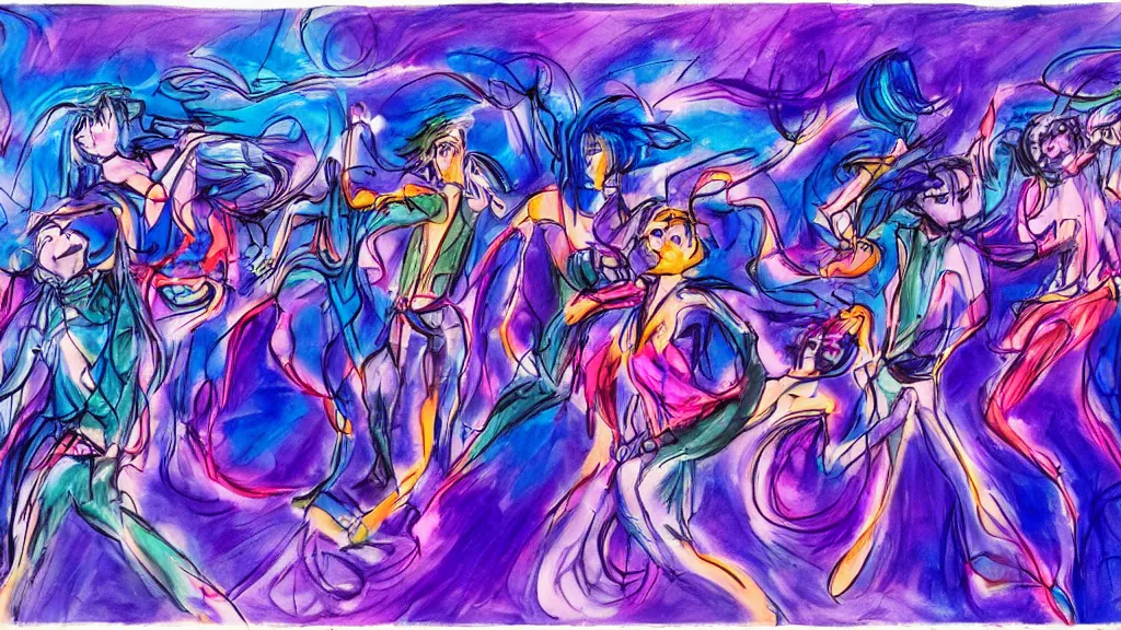 Prompt: a group of 5 people people seen from the front dancing together with colorful spirits wrapping around people tangling in luminous spirals, dark blue and intense purple color palette, in the style of yoshiyuki tomino