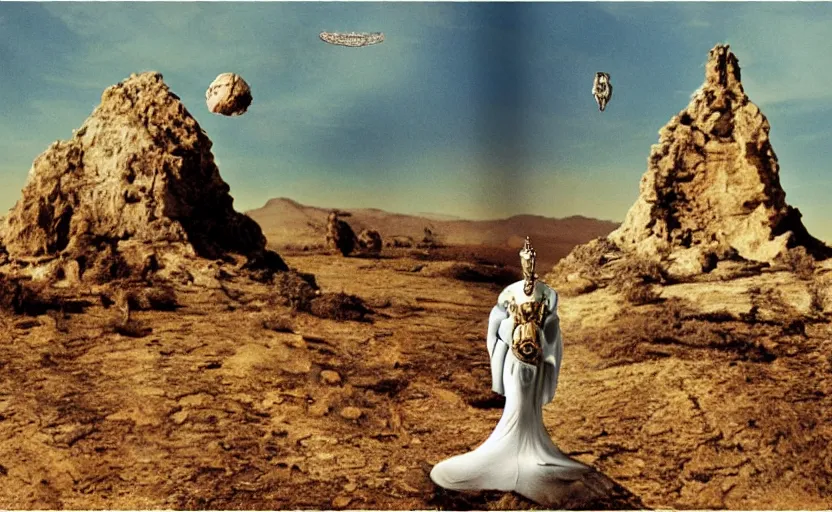 Prompt: portrait of salvador dali wearing a crown and golden dress with jewels in a dry rocky desert landscape, visible sky and sunny atmosphere, alien ruins by giger in the background, film still from the movie by alejandro jodorowsky with cinematogrophy of christopher doyle and art direction by hans giger, anamorphic lens, kodakchrome, very detailed photo, 8 k