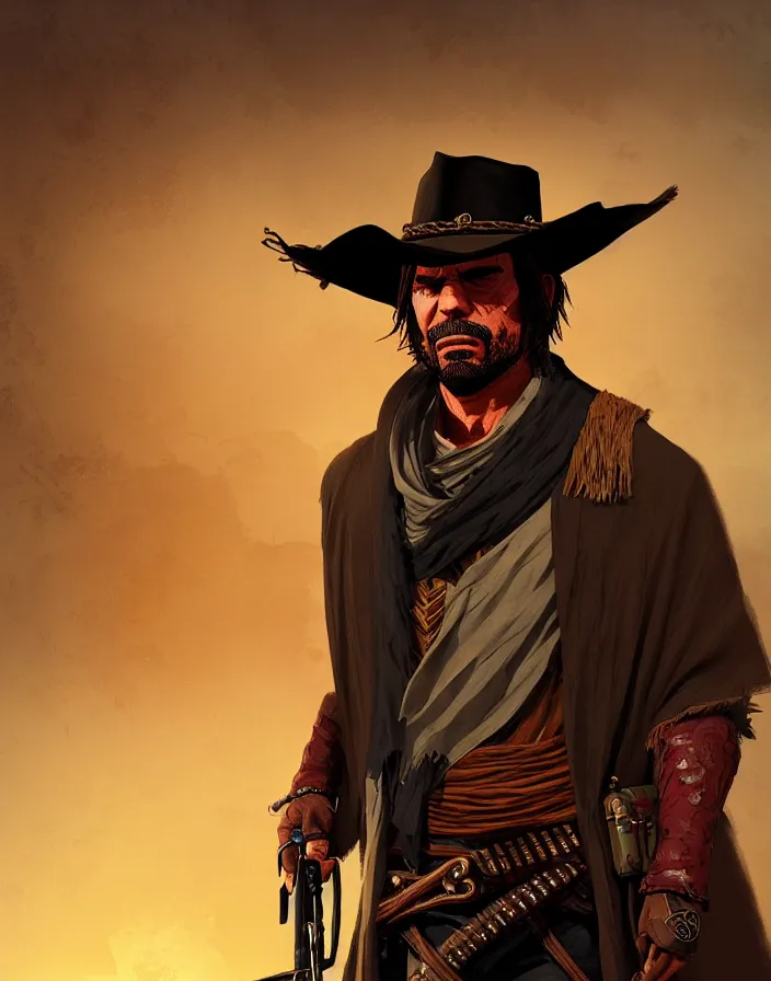 Image similar to misterious gaucho bandido commander, shady look, a raggy long poncho, red dead redemption, magic the gathering, intricate desert background, highly detailed, digital painting, artstation, concept art, sharp focus, illustration, art by Artgerm, Grafit Studio, and Greg Rutkowski and Craig Mullins