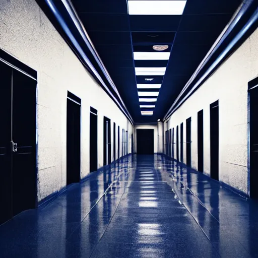 Image similar to underground lab hallway, dark blue and black, unknown location, clean, dry wall, shiny black tile floors, cinematic