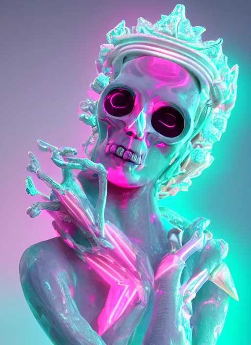 Image similar to photo of fullbodied baroque and bladerunner delicate neon diamond sculpture of seductive onyx albino marble prince kai harvatz dotado pink iridescent skull psychedelic, reclining, glowing magenta face, crown of white diamonds, cinematic lighting, photorealistic, octane render 8 k depth of field 3 d