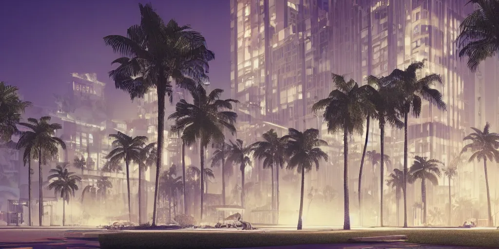 Prompt: a large building surrounded by palm trees at night, Los Angeles, behance, modernism, playstation 5 screenshot, concept art, vray