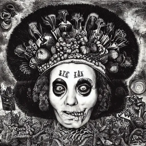 Image similar to punk album cover, psychedelic, black and white, giuseppe arcimboldo