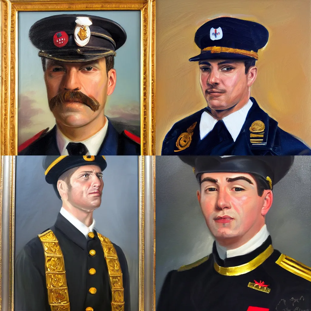 Prompt: Detailed oil painting of a man in a naval officer uniform. Portrait.
