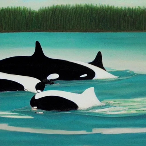 Image similar to a painting of a group of orca's swimming in a lake, a storybook illustration by sarah louisa kilpack, featured on deviantart.
