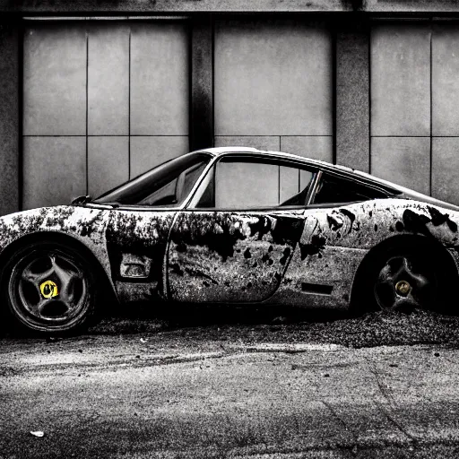 Image similar to black and white press photograph of a rusted abandoned ferrari on an empty abandoned city street, full view, detailed, natural light, mist, film grain, soft vignette, sigma 5 0 mm f / 1. 4 1 / 1 0 sec shutter, imax 7 0 mm footage