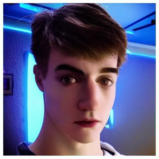 Image similar to “a realistic detailed photo of a guy who is an attractive humanoid who is half robot and half humanoid, who is a male android, twitch streamer Ninja Tyler Blevins, shiny skin, posing like a statue, blank stare, gaming room, blue hair”