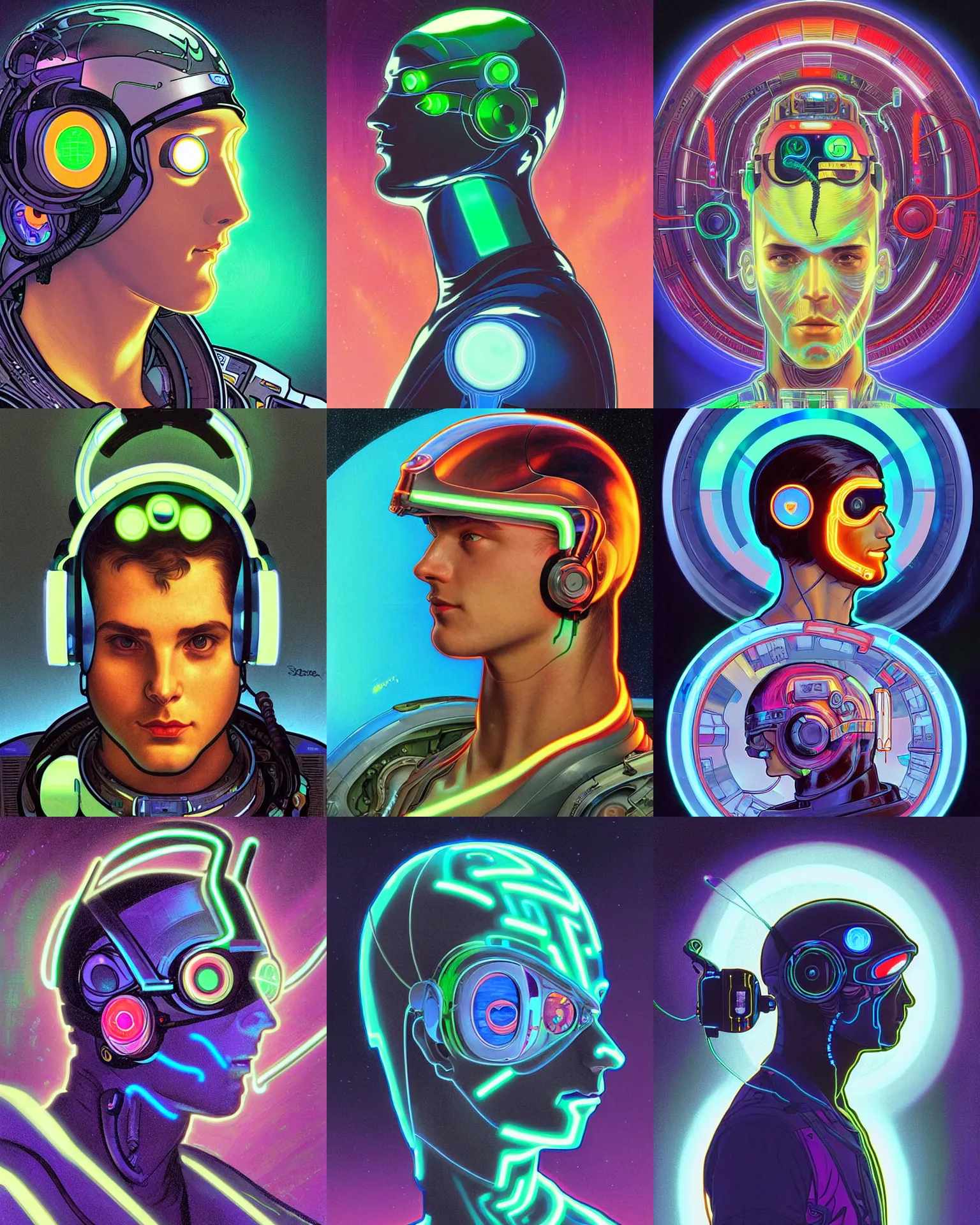 Prompt: sillouete side view future coder man, sleek cyclops display over eyes and glowing headset, neon accents, holographic colors, desaturated headshot portrait digital painting by ivan bilibin, alphonse mucha, donato giancola, john berkey, dean cornwall, alex grey, tom whalen, astronaut cyberpunk electric lights profile