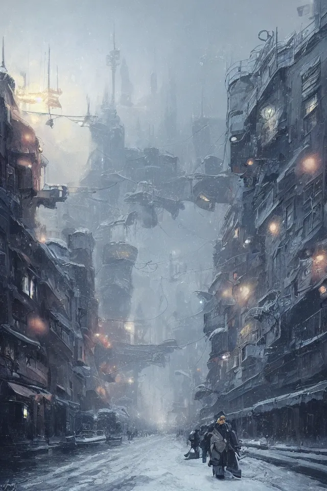 Image similar to highly detailed painting of dieselpunk stockholm, winter, snow, dystopia, by greg rutkowski, 4 k resolution, trending on artstation