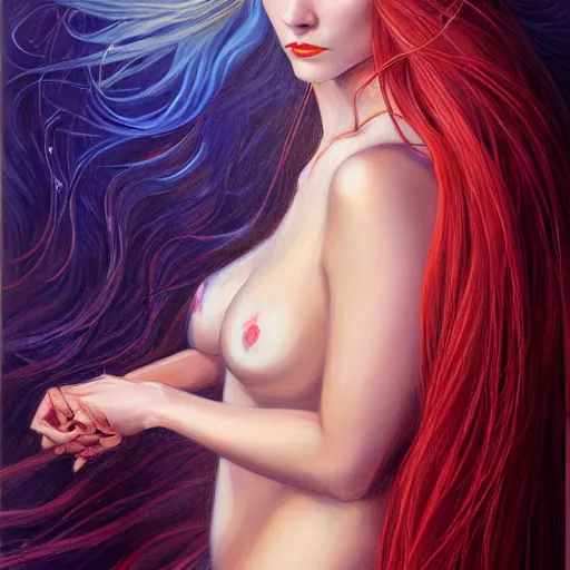 Image similar to portrait of a female wizard in flowing sensual dress, long flowing hair, delicate, looking at camera, slightly smiling, realistic face, stylish, elegant, extremely detailed painting inspired by Gerald Brom, studio lighting