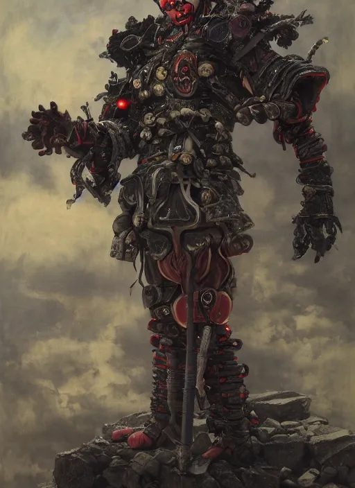 Image similar to portrait of a diabolical cyborg clown samurai, torn cape, adaptive armor, dynamic pose, heavy eyes to the side, ancient ruins, glowing veins subsurface scattering, in clouds, sunset, portrait, by gerald brom, by mikhail vrubel, by peter elson, muted colors, extreme detail, reflections, trending on artstation, 8 k