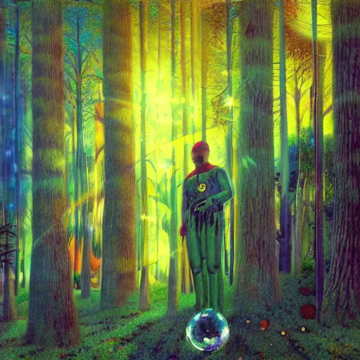 Image similar to psychedelic lush pine forest, space man, astronaut, outer space, milky way, designed by arnold bocklin, jules bastien - lepage, tarsila do amaral, wayne barlowe and gustave baumann, cheval michael, trending on artstation, star, sharp focus, colorful refracted sparkles and lines, soft light, 8 k 4 k