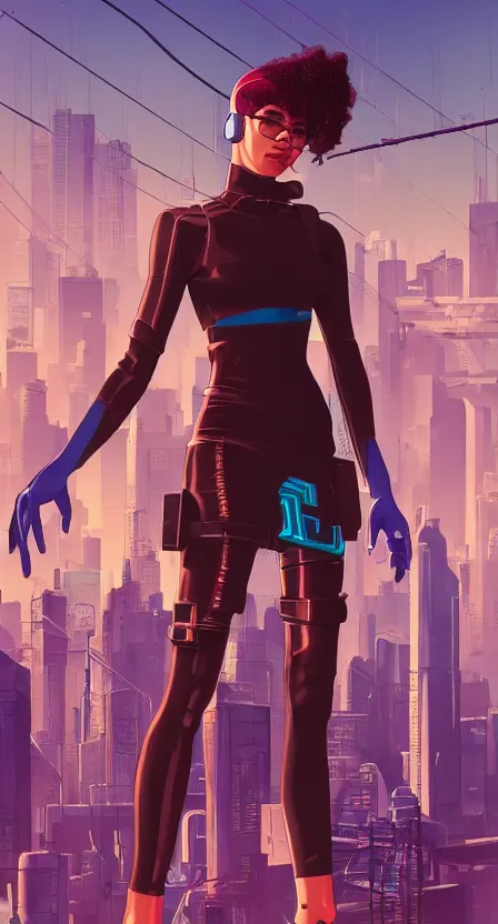 Image similar to zendaya as a cyberpunk hero standing on the rooftop of cybertown, art poster, full body, t - pose, character design, ambient lighting, 4 k, lois van baarle, ilya kuvshinov, rossdraws, alphonse mucha, jung gi kim, dylan kowalsk, artstation