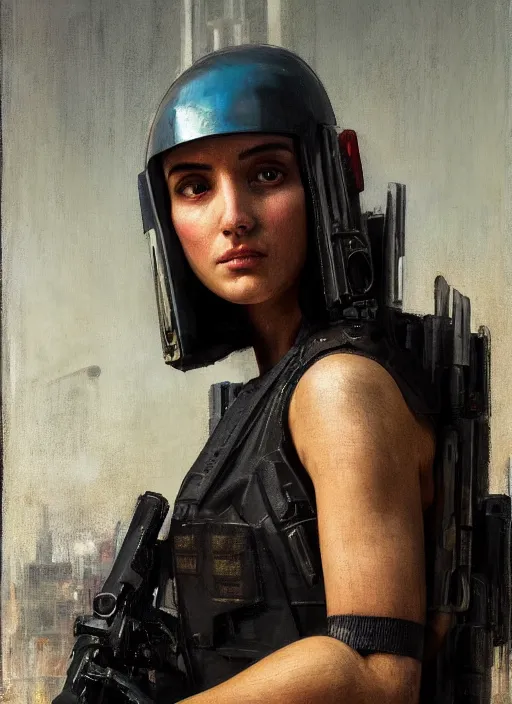 Image similar to 🦸🏼♀. cyberpunk police trooper in a military vest ( blade runner 2 0 4 9, cyberpunk 2 0 7 7 ). orientalist portrait by john william waterhouse and james gurney and theodore ralli and nasreddine dinet, oil on canvas. cinematic, hyper realism, realistic proportions, dramatic lighting, high detail 4 k