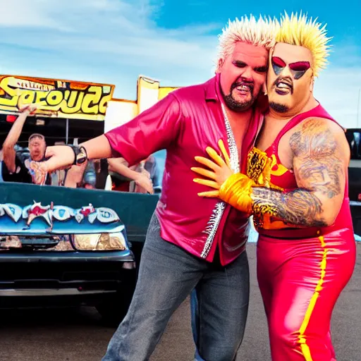 Prompt: guy fieri wrestling a drag queen in a parking lot, bystanders cheering, car on fire in the background, action, high resolution photograph, 4 k,