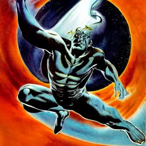 Image similar to Silver Surfer flying through space, by Frank Frazetta