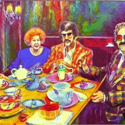 Image similar to frank zappa having a tea party with the queen and elton john, impressionist style,