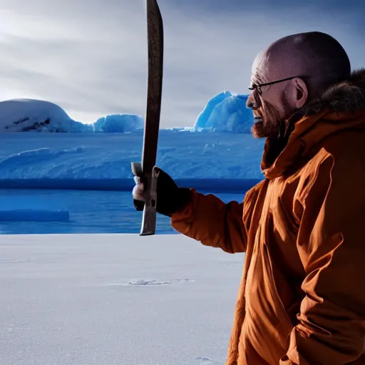 Image similar to Walter White holding an axe in the middle of Antarctica, cold terrain, master shot, moody light, highly realistic, 8k