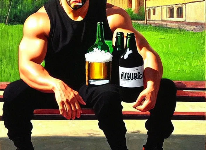 Image similar to vin diesel in black adidas sport costume, as gopnik character, sitting on a bench with a bottle of beer in the courtyard of a provincial russian town, oil on canvas, naturalism