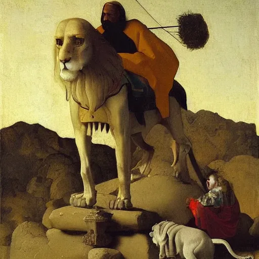 Image similar to old man ( wise long white beard wearing a hooded tunic ) riding on lions back by vermeer