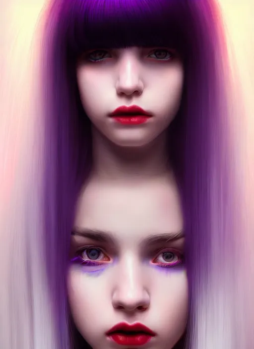 Image similar to hair whitebangs hair, black hair, whitebangs, portrait of teenage girl with white bangs, red irises, purple clothes, white bangs, bangs are different color from hair, intricate, elegant, glowing lights, highly detailed, digital painting, artstation, concept art, smooth, sharp focus, illustration, art by wlop, mars ravelo and greg rutkowski