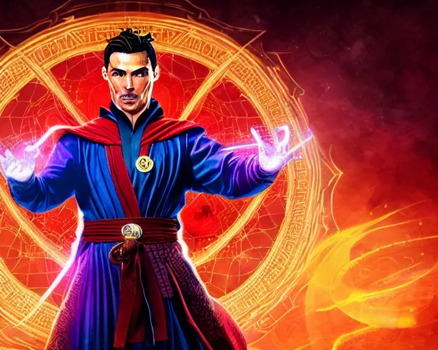 Image similar to cristiano ronaldo as doctor strange, colorful spells, fantasy art, in the style of Fernando Juarez, illustration, epic art, fantasy, intricate, elgant, amazing detail, digital painting, artstation, concept art, smooth, sharp focus