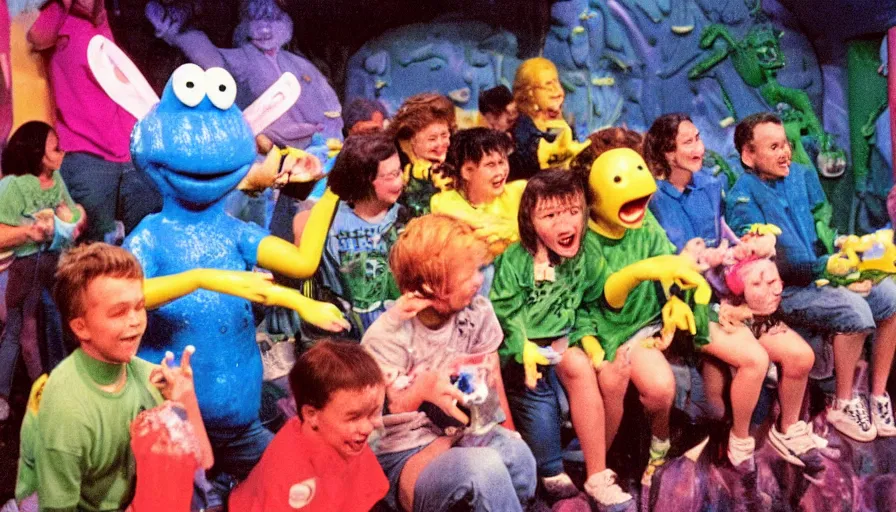 Image similar to 1990s photo of inside the Nickelodeon Blockbuster Gameboy Slime Show ride at Universal Studios in Orlando, Florida, children riding a VHS tape through a slime Muppet tamagotchi town, cinematic, UHD