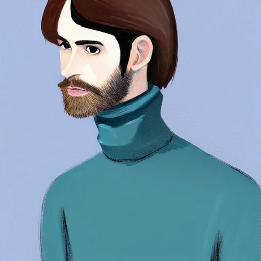 Image similar to gangly brunette man with hair long on top medium down the sides, blond beard, small chin, rectangular face, thin lips, English heritage, small blue eyes, middle aged, wearing a turtleneck and jacket, pale skin, narrow face, digital art, painterly, cartoon, cute, 8k, illustration, art by loish, painterly, trending on artstation, medium shot, uncropped