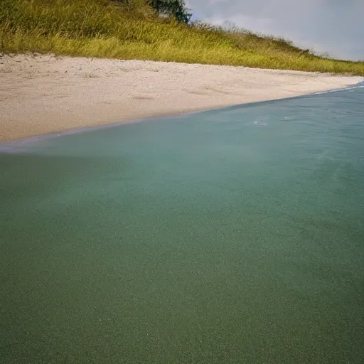 Prompt: realistic photograph of a beach covered in green sand