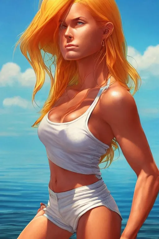 Prompt: a gorgeous hulking beast of a woman with very long hip-length blonde hair, wearing a cut-off white top and orange cut-off shorts standing by the water, in the style of artgerm and moebius and annie liebovitz, marvel comics, photorealistic, highly detailed, trending on artstation