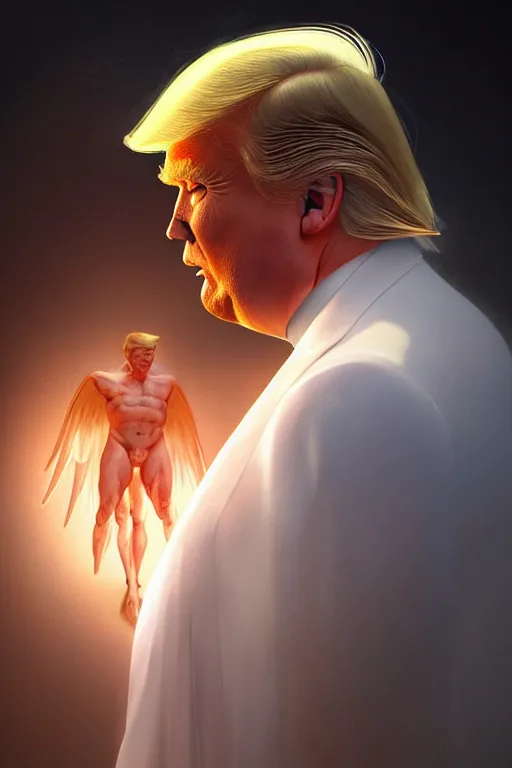 Prompt: donald trump as an angel, anatomy, bathed in light, highly detailed, photorealistic, artstation, smooth, sharp focus, illustration, unreal engine 5, 8 k, art by artgerm and greg rutkowski and edgar maxence