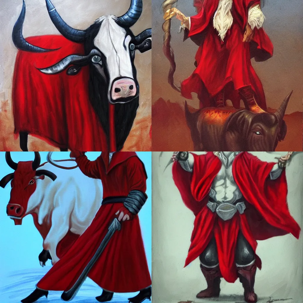 Prompt: sorcerer dressed in red with a white bull, Tyler Jacobson style