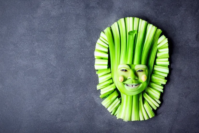 Image similar to selena gomez made out of celery, a human face with celery for hair, celery in the shape of a human face, a bunch of celery sitting on a cutting board, professional food photography