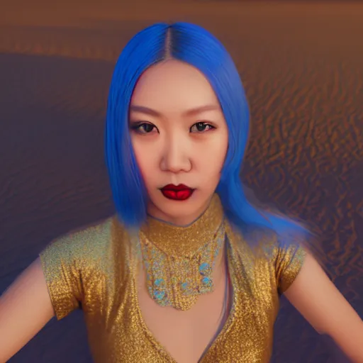 Image similar to innovative avant-garde art, deco fashion, asian women, wearing blue, highly detailed, photorealistic portrait, serene desert setting, golden hour, crisp quality and light reflections, unreal engine 5 quality render
