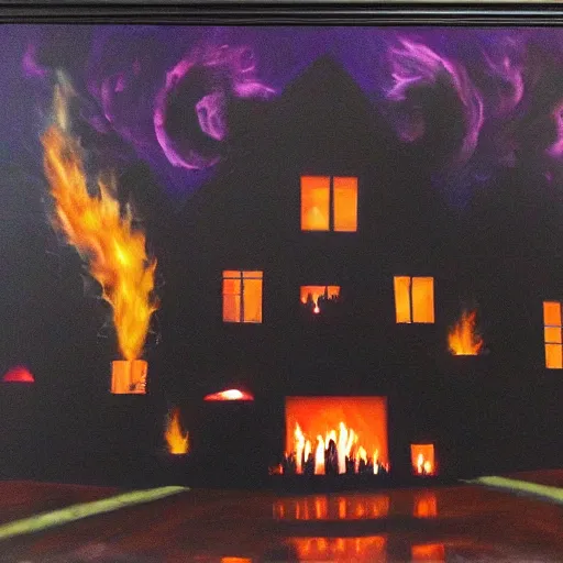 Image similar to Kanye Donda listening party house, dark oil painting, flames, fire