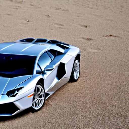 Image similar to A beautiful silver Lamborghini aventador on the beach, 8k