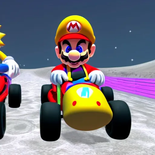 Prompt: A Mario Kart Double Dash Custom Track On The Moon called 'Wario's Moon Base'.