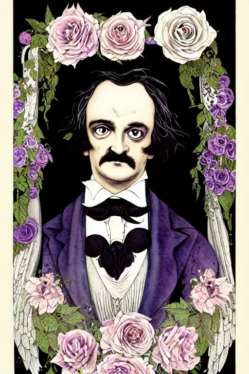 Image similar to realistic portrait of edgar allen poe in the center of an ornate white purple rose flower frame with black wings, detailed art by kay nielsen and walter crane, illustration style, watercolor