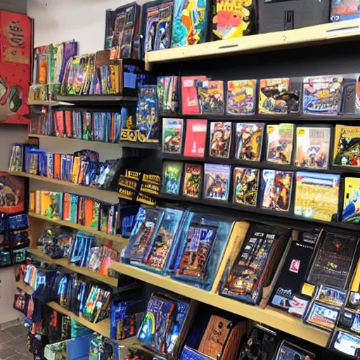 Image similar to trading card game store, nerdy, good vibes, friendly employees, good community, no colluding