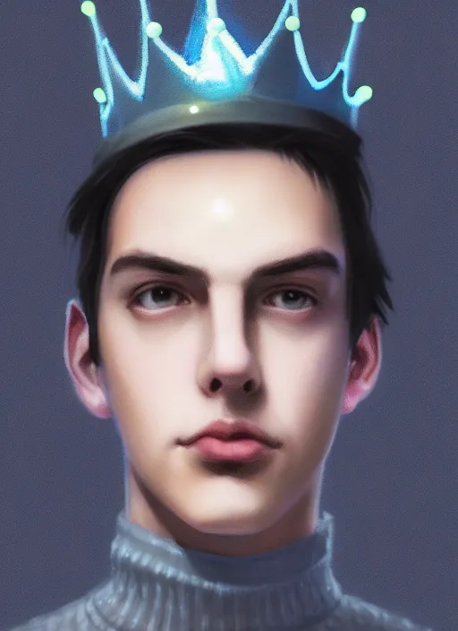 Image similar to portrait of teenage jughead jones wearing a light grey crown, crown, blue turtleneck, closed eyes, photorealistic, black hair, glowing lighting, intricate, elegant, glowing lights, highly detailed, digital painting, artstation, concept art, smooth, sharp focus, illustration, art by wlop, mars ravelo and greg rutkowski