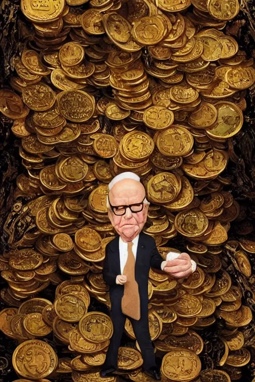 Image similar to !!! rupert murdoch!!! with!! many eyes!!, surrounded by gold coins, photorealistic, cinematic lighting, highly detailed, very intricate, by henry selick