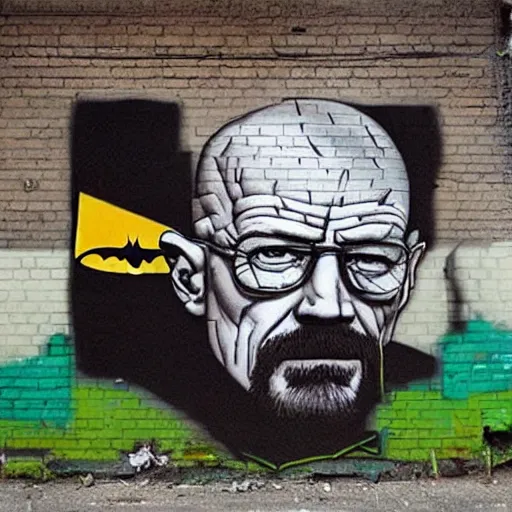 Image similar to Walter White as Batman, Heisenberg as the Dark Knight, Urban Graffiti Banksy, Bordalo, trending on artstation