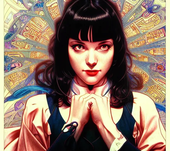 Image similar to ' pulp fiction ', beautiful shadowing, 3 d shadowing, reflective surfaces, illustrated completely, 8 k beautifully detailed pencil illustration, extremely hyper - detailed pencil illustration, intricate, epic composition, masterpiece, bold complimentary colors. stunning masterfully illustrated by artgerm, range murata, alphonse mucha.