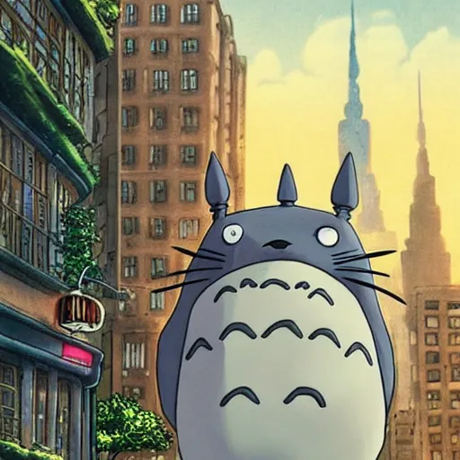 Prompt: totoro doing bussiness, tuxedo, in the big city, skyscrappers, fantasy digital art, wow, stunning, ghibli style, hight quality