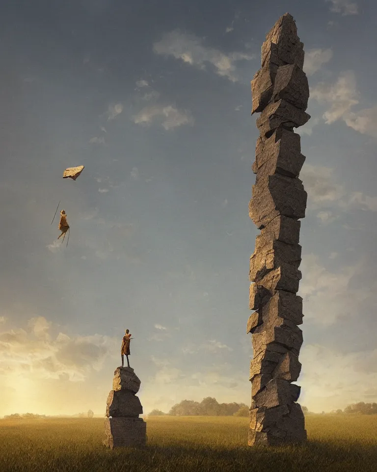 Prompt: wide shot of a tall and thin rock shard geometric statue hovering vertically thirty feet above a cornfield, late afternoon, golden hour, dramatic lighting, cinematic, highly detailed, smooth, sharp focus, concept art by greg rutkowski and marc simonetti