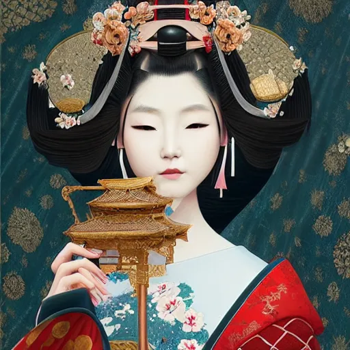 Image similar to Very very very very highly detailed epic central composition studio photography of A Japanese geisha, intricate, medieval, extremely detailed, digital painting, artstation, concept art, smooth, sharp focus, illustration, studio lighting, incredible art by Anna Dittmann and Anton Pieck