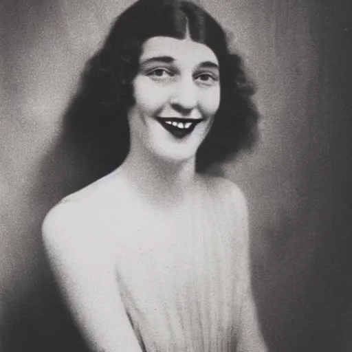 Prompt: representation of a young woman with a happy face in the year 1924 photo taken by the American artist Man Ray