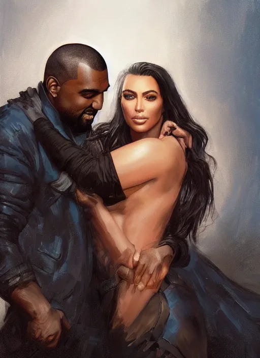 Prompt: Portrait of Kim Kardashian embracing Kanye West, marvel comics, dark, intricate, highly detailed, smooth, artstation, digital illustration by Ruan Jia and Mandy Jurgens and Artgerm and Wayne Barlowe and Greg Rutkowski and Frank Frazetta