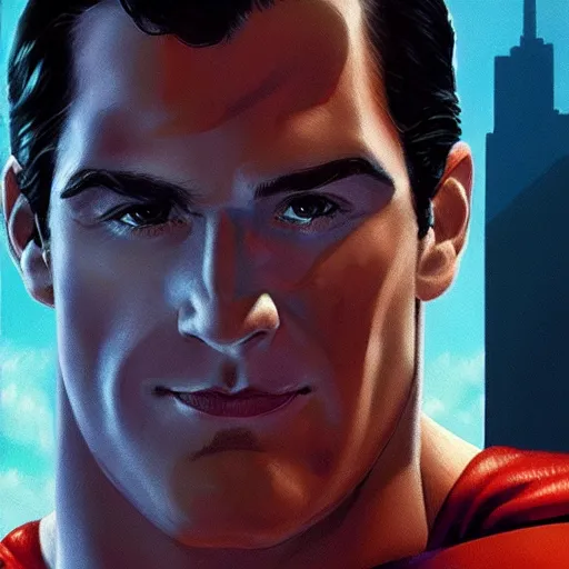 Image similar to an ultra - realistic head and shoulders portrait painting of superman in the style of alex ross. 4 k. ultra - realistic. highly detailed. dark fantasy. epic lighting.